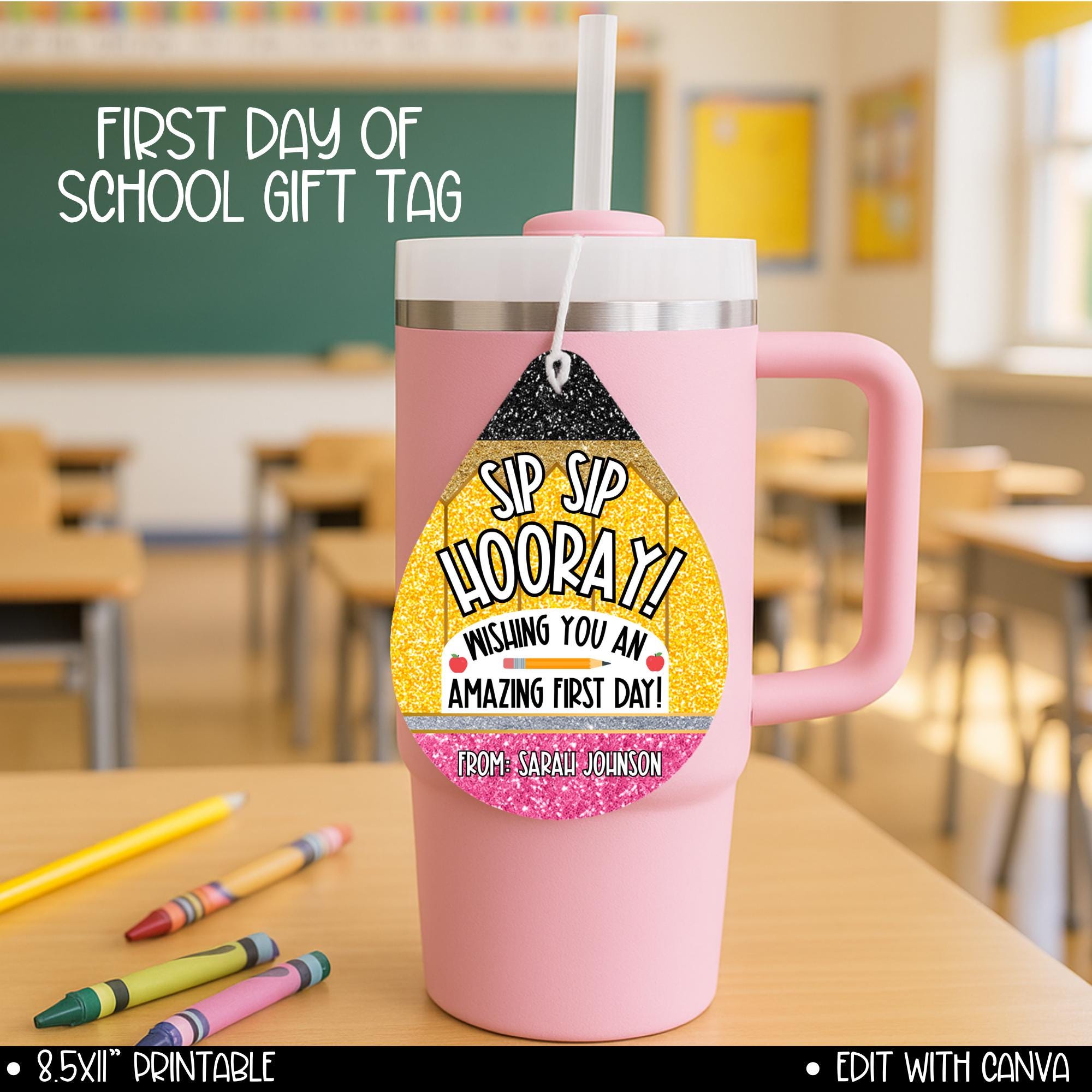 Back to School Drink Tumbler Gift Tag for Teacher, First Day Sip Sip Hooray Staff Water Bottle Tags, Welcome Back Coffee Tea Juice Gift