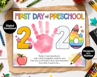 First Day of Preschool Handprint Craft 2026, Prek VPK Back to School Printable Sign, Preschool TK Keepsake Hand Poem Art, Digital Download