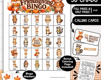 Friendsgiving Bingo Game, 50 Printable Thanksgiving Bingo Cards, Fall Bingo, Autumn Friends Giving Activity, Animal Bingo, Woodland Bingo