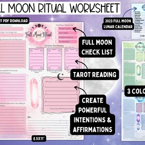Hoja de trabajo de visualización de luna llena, página de planificación del diario ritual de manifestación del tarot, tablero de afirmación de manifestación del Libro de las Sombras imprimible