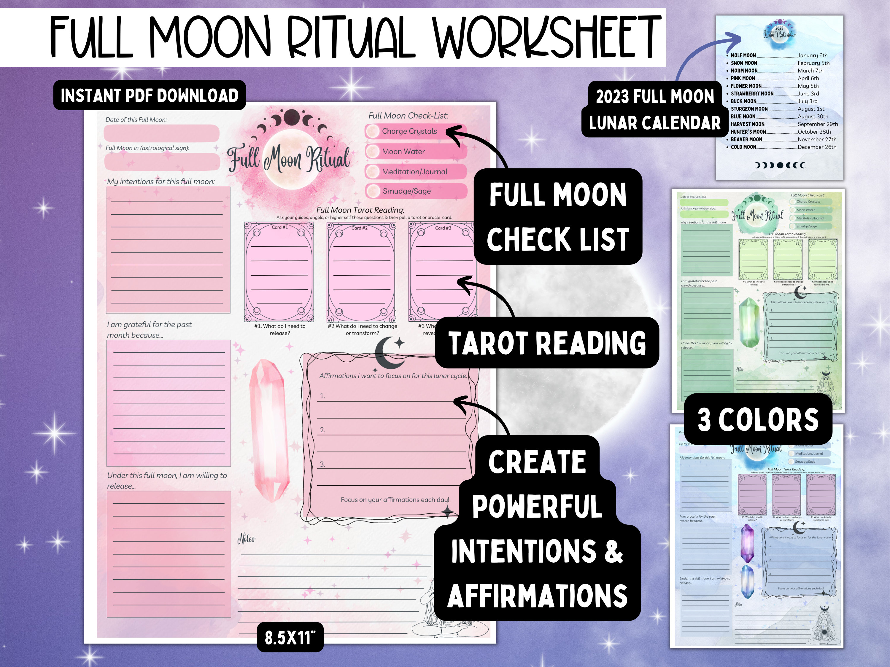 Full Moon Visualization Worksheet, Manifestation Tarot Ritual Journal ...