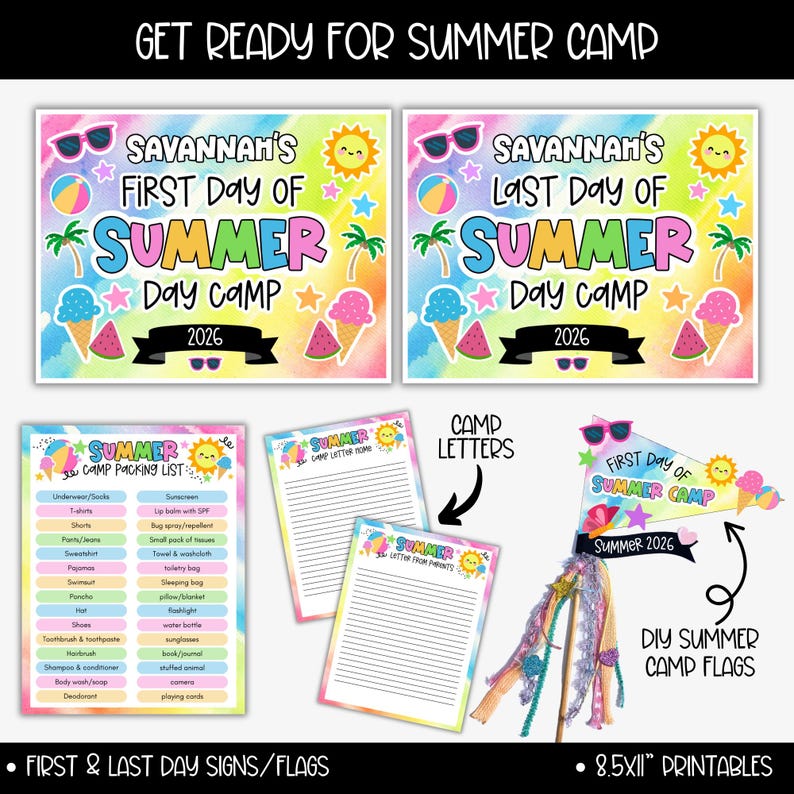 May include: Colorful summer camp printables, including signs for the first and last day, packing lists, camp letters, and DIY camp flags. The designs feature ice cream cones, watermelons, sunglasses, and palm trees. The text reads "Summer Day Camp 2026".