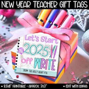 Étiquette-cadeau stylo style enseignant pour le Nouvel An 2025, bonne année, idées cadeaux avec post-it pour enseignant, bonne année, à partir d'étiquettes PTO PTA, modèle Canva