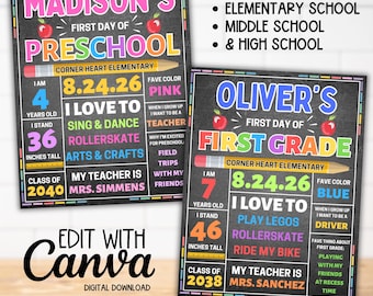 FIRST and LAST Day of School Sign Bundle, First Day School Canva Template, Last Day of School Chalkboard Printable Signs Poster Customizable