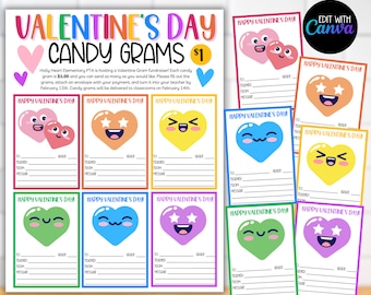 Rainbow Valentine&#39;s Day Candy Gram Fundraiser Flyer Forms Tag Template PTA PTO Fundraising, Class Valentine Day Card, Lollipop Card Holder