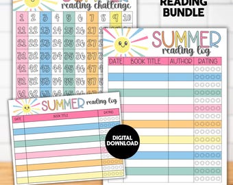 Sommer Leselog druckbares Bundle, Kinder Lese Herausforderung Chart, Lese Tracker, Buch Log, Sommer Alphabetisierungsaktivität für Kinder