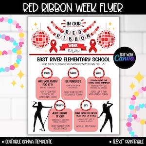 Editable Red Ribbon Week Flyer Canva Template, Red Ribbon Anti-Drug Awareness Campaign Itinerary Schedule, School Red Ribbon Week Schedules