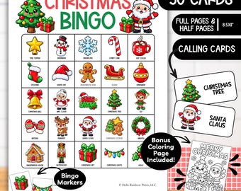 Christmas Bingo, 50 Printable Christmas Bingo Cards, Kids Christmas Party Game, Christmas Classroom Activities, Holiday Games, Coloring Page