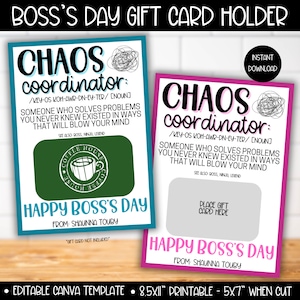 Boss's Day Chaos Coordinator Gift Card Holder, Tag na Dzień Szefa, Kosz prezentowy na Dzień Szefa, Prezenty dla Szefa dla Niej i dla Niego, Wydrukowane podziękowania dla szefa