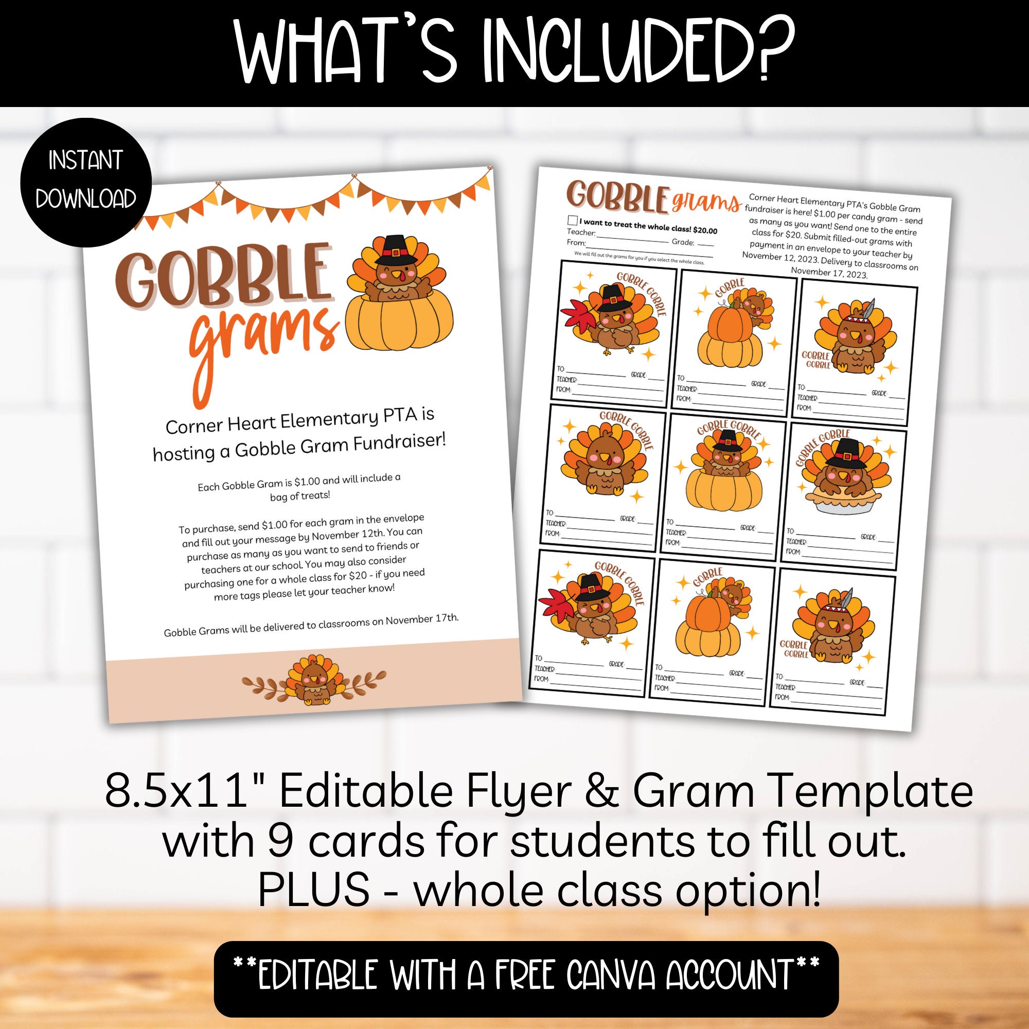 PTA PTO Gobble Gram Thanksgiving Fundraiser Flyer Template for School ...