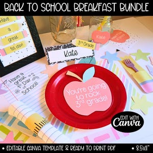 Cute Back to School Breakfast Printable Decorations, Editable First Day of School Party Ideas for Kids, 1st Day of School Banner Note Flag