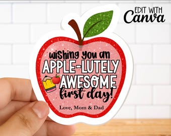 Back to School Apple Gift Tag Printable, Editable First Day Teacher Student Staff Treat, Applesauce Favor, Lunch Box Note for Kids Gift