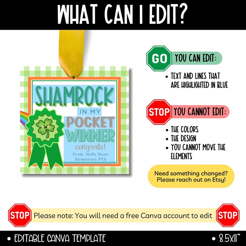 May include: Editable Canva template for a Shamrock in My Pocket Winner certificate. The certificate features a green shamrock with a smiling face, a rainbow, and a green ribbon. The text is in blue and says "Shamrock in My Pocket Winner congrats!" with space for a name and from line. The template is 8.5 x 11 inches.