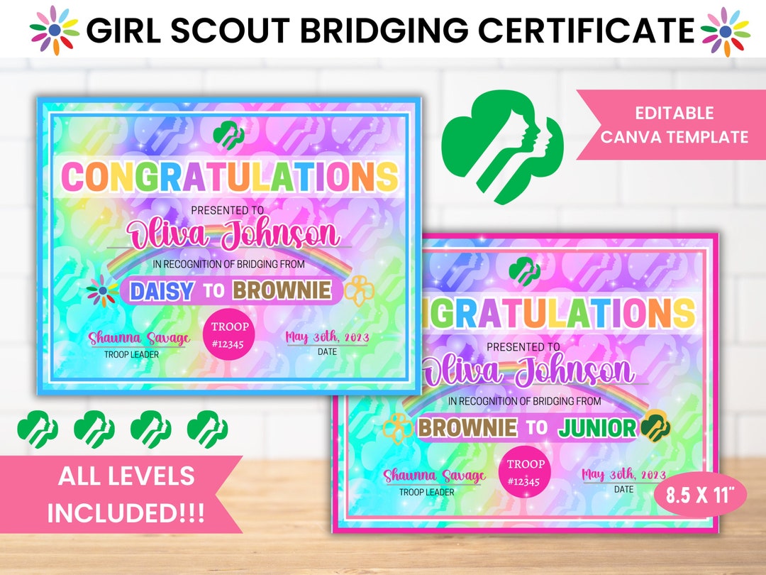 Girl Scout Rainbow Bridging Certificate for All Levels Girl Etsy