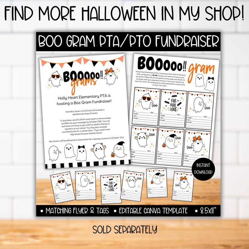Op de afbeelding: Printbare Halloween Boo Gram-flyer en -labels met een schattig spookontwerp. De flyer zegt "BOOooo!! grams" en bevat instructies voor een schoolinzamelingsactie. De labels zeggen "BOOooo!! gram" en hebben ruimte voor een bericht en een naam. De flyer en labels zijn 8,5 inch bij 11 inch.
