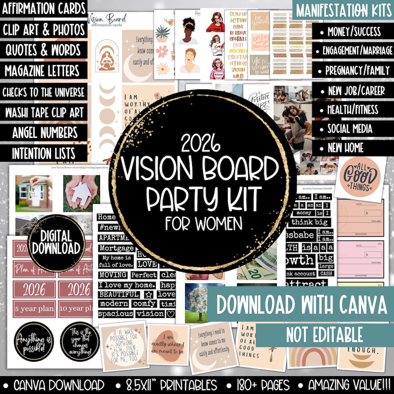 Kit per feste con bacheca visionaria 2026, stampabile per donne, modello per pianificatore di bacheca degli obiettivi di Capodanno, immagini clipart per bacheca delle affermazioni dell'umore immagine 20