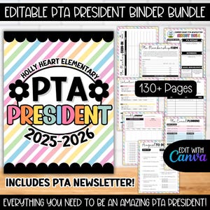 Editable PTA President Planner Canva BUNDLE, Membership Forms Newsletter Flyer, Weekly Yearly Calendar, PTA Agenda Tracker Events Template