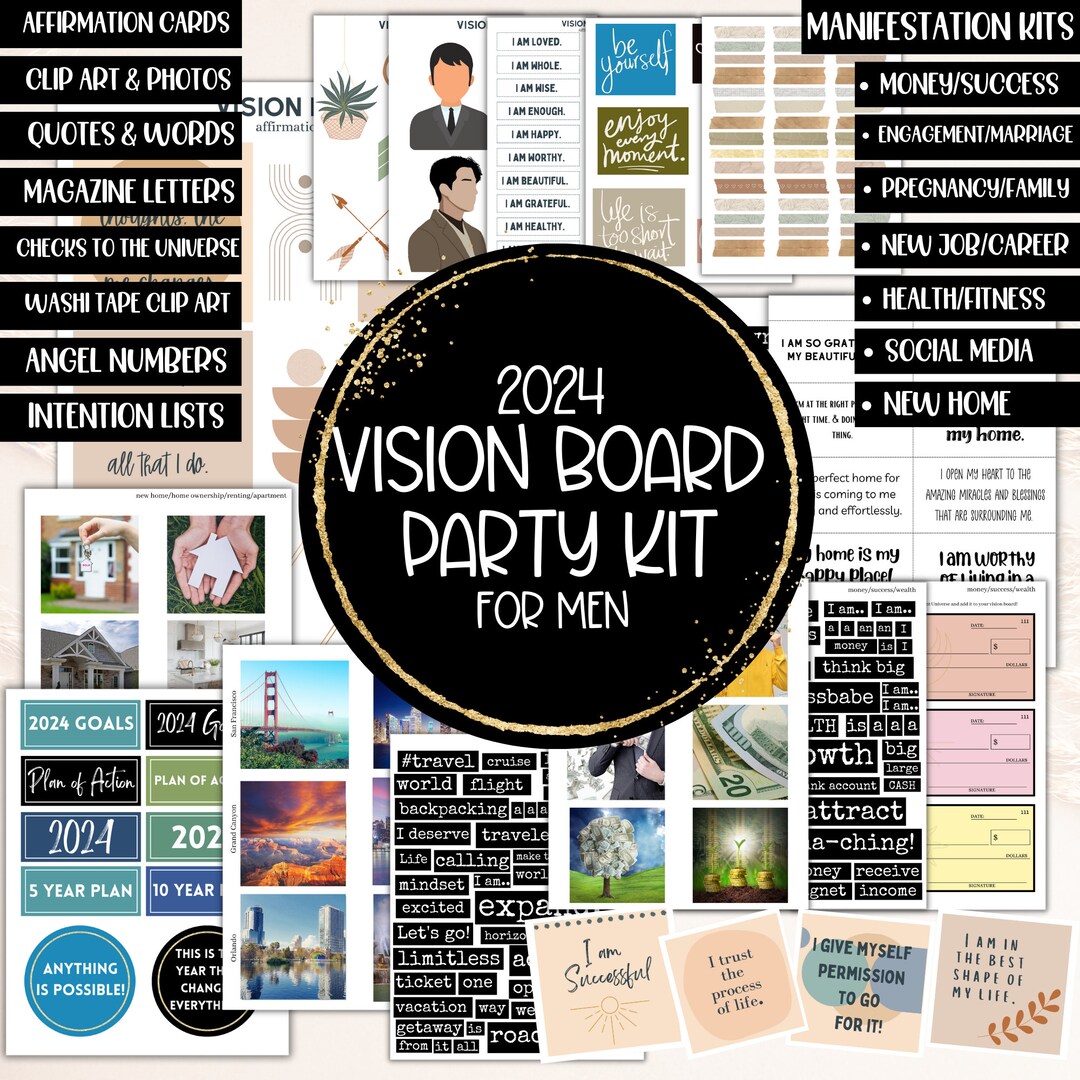 2024 WOMEN & MEN Vision Board Party Kit Bundle, Goal Mood Board for Him  Her, Clipart Images Planner, Affirmations Manifest Printables Guys 