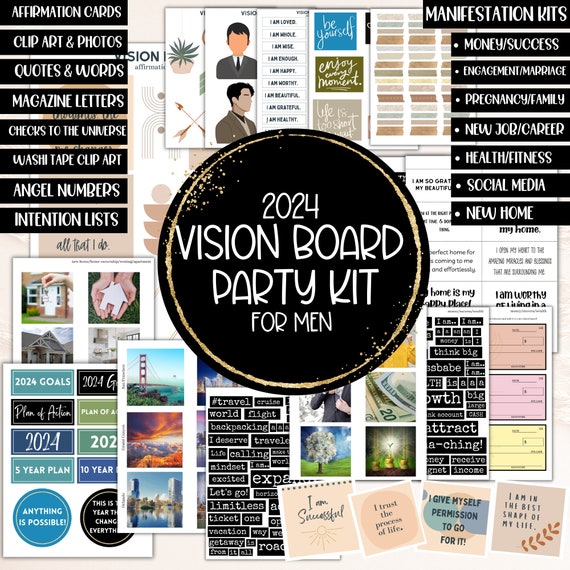 2024 Vision Board Party Kit Printables Template Clipart -   Vision  board party, Digital vision board, Vision board template
