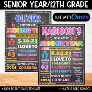 Cartel del primer día del último año de secundaria, plantilla del primer día de secundaria del 12.º grado, último primer día de clases, pizarra editable, descarga digital