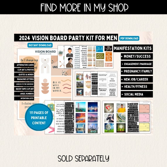 Printable 2024 Vision Board Bundle for Men With Photos & Affirmations,  Vision Board Kit PDF Pages for Manifesting, Visualization Mood Board 