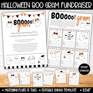 Puede incluir: Folleto y etiquetas imprimibles para una recaudación de fondos de Halloween Boo Gram con lindas ilustraciones de fantasmas. El folleto incluye instrucciones para participar en la recaudación de fondos, mientras que las etiquetas están diseñadas para que los estudiantes puedan enviar mensajes a sus compañeros de clase. El folleto y las etiquetas son de color negro, blanco, naranja y rosa.