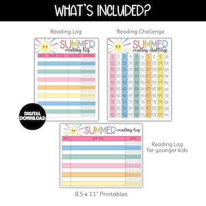 May include: Digital download of summer-themed reading logs and challenges. Includes a reading log, a reading challenge, and a reading log for younger kids. The printables are 8.5 x 11 inches.