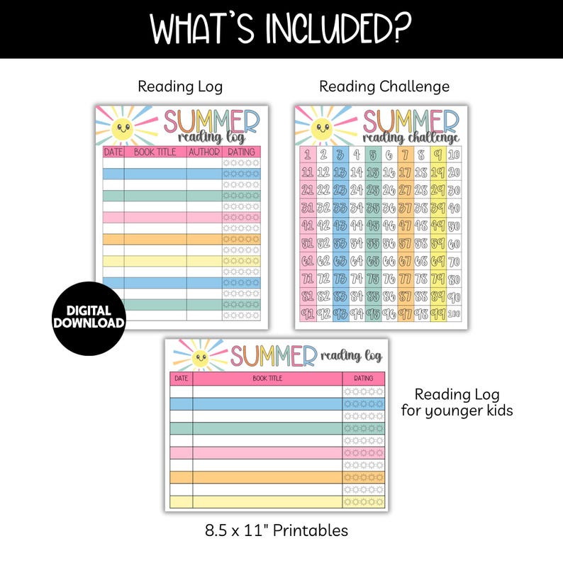 May include: Digital download of summer-themed reading logs and challenges. Includes a reading log, a reading challenge, and a reading log for younger kids. The printables are 8.5 x 11 inches.