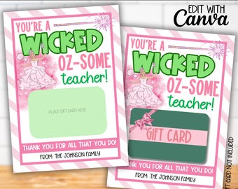 Wicked Teacher Appreciation Week Theme Gift Card Holder Canva Template, Thank you Staff Gift Tag, Editable Elphaba Glinda Teacher Gift Tag