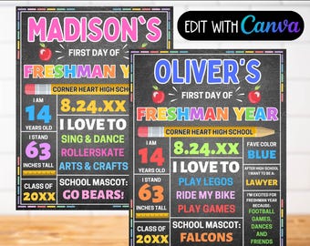 First Day of Freshman Year Sign, 1st Day of 9th Grade High School Template, First Day of High School Editable Chalkboard Digital Download