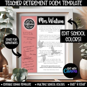 Modèle de cadeau de fête de poème de retraite d'enseignant, cadeaux de directeur d'école d'enseignant de l'élémentaire à la retraite, couleurs de l'école d'appréciation
