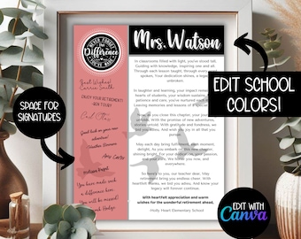 May include: A pink and gray printable retirement poem template for a teacher named Mrs. Watson. The template features a pink background with a circle that says "Never Forget the Difference You've Made". The text includes the words "Edit School Colors" and "Edit with Canva".
