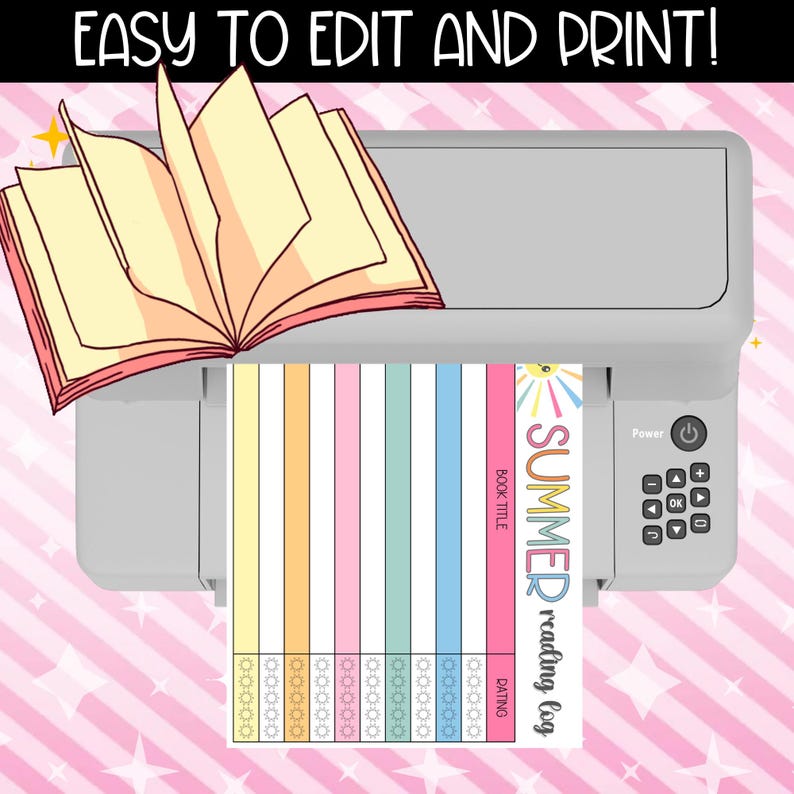 May include: A gray printer with a book and a colorful reading log. The reading log has pastel stripes and the word "SUMMER" in a rainbow font. The text "EASY TO EDIT AND PRINT!" is at the top.
