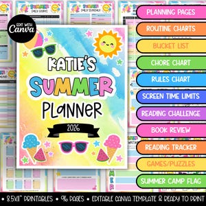 May include: A colorful summer planner with the text "Katie's Summer Planner 2026". The design includes sunglasses, ice cream cones, and watermelon slices. The planner includes sections for planning pages, routine charts, and reading challenges.