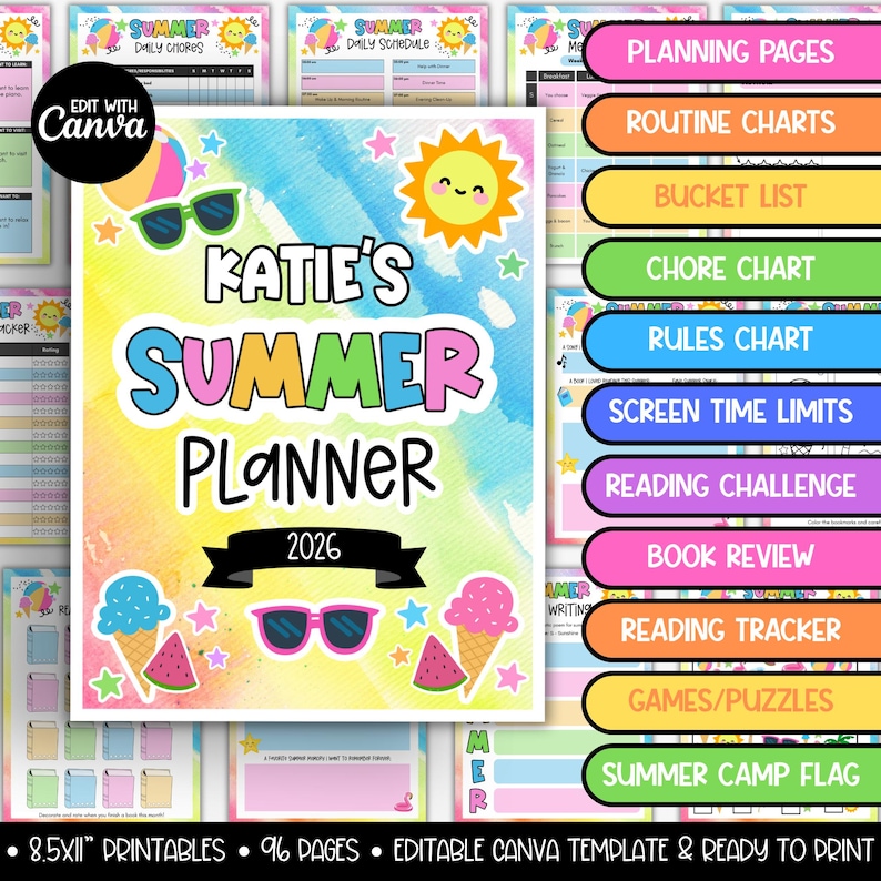 May include: A colorful summer planner with the text "Katie's Summer Planner 2026". The design includes sunglasses, ice cream cones, and watermelon slices. The planner includes sections for planning pages, routine charts, and reading challenges.