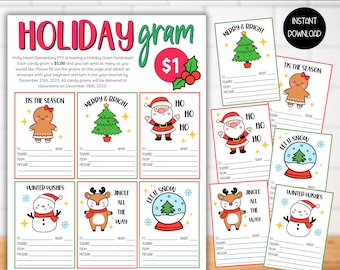 May include: Printable holiday gram cards with festive illustrations and space to write a message. The cards feature a gingerbread person, a Christmas tree, Santa Claus, a snowman, a reindeer, and a snow globe. The text on the cards includes "Tis the Season", "Merry & Bright", "Ho Ho Ho", "Winter Wishes", "Jingle All the Way", and "Let it Snow".