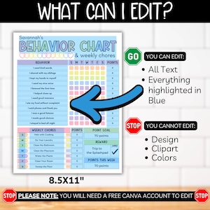 May include: A printable behavior chart for kids with a colorful design. The chart includes a section for daily behavior, weekly chores, and a point system. The text "Savannah's Behavior Chart" is at the top of the chart. The chart is 8.5 inches by 11 inches.