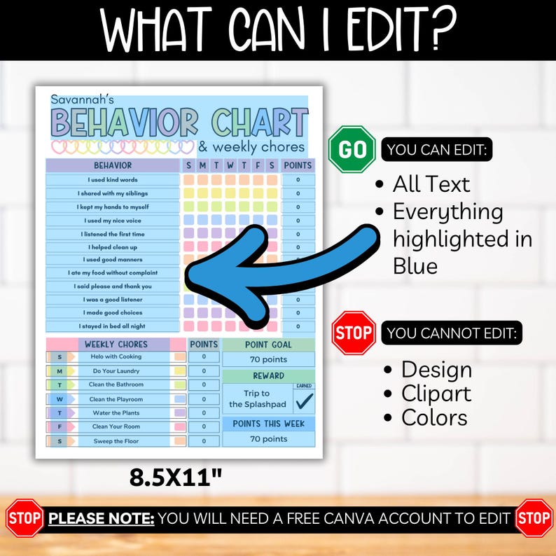 May include: A printable behavior chart for kids with a colorful design. The chart includes a section for daily behavior, weekly chores, and a point system. The text "Savannah's Behavior Chart" is at the top of the chart. The chart is 8.5 inches by 11 inches.