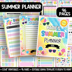 May include: A colorful summer planner with the title "Katie's Summer Planner 2026" and various pages for planning. The planner includes a bucket list, reading log, and meal planner. The image also includes the text "8.5x11" Printables" and "96 Pages."