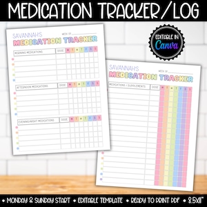 Medikation Tracker Log Chart Liste Planer Kinder niedlich druckbare Vorlage, Pill Tracking, Medizin Kalender Kalender, einfach Gesundheit Chart Log