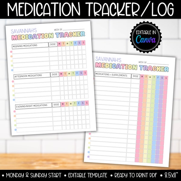 Medication Tracker Log Chart List Planner Kids Cute Printable Template, Pill Tracking, Medicine Schedule Calendar, Easy Health Chart Log
