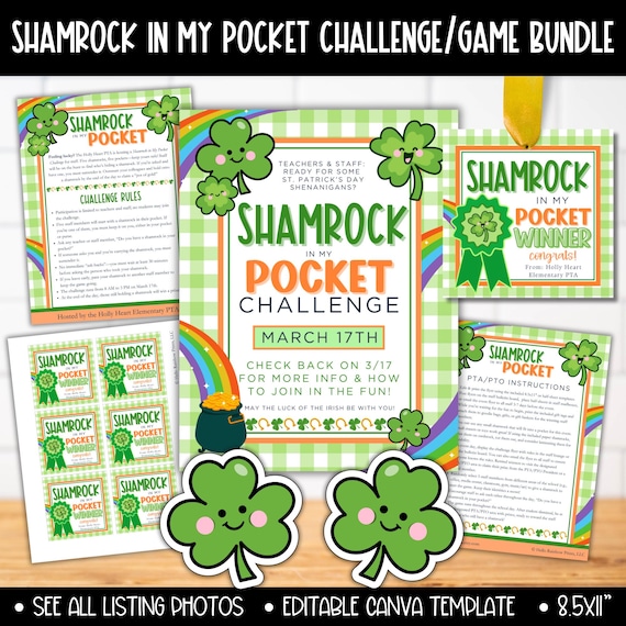 St. Patrick's Day Shamrock in my Pocket Game Flyer Bundle, Leprechaun Clover Teacher Appreciation Event, Staff Morale Team Building Games