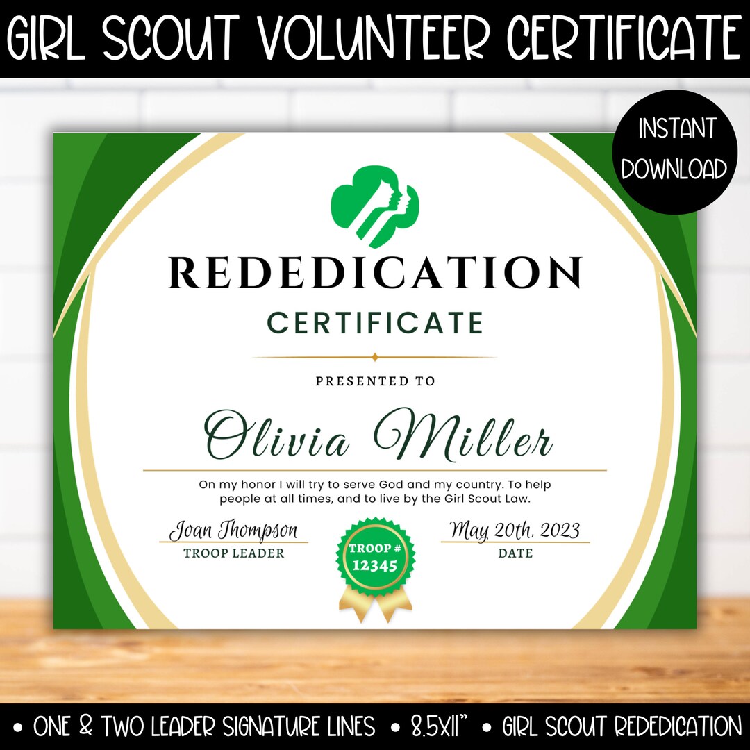 Girl Scout Certificate of Rededication Template, Editable Girl Scouts ...