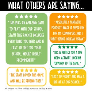 May include: Five-star reviews for a printable game. The reviews highlight the game's ease of use, fun factor, and suitability for both school staff and coworkers. The text includes phrases like "amazing game", "super fun", "easy to edit", and "big hit".