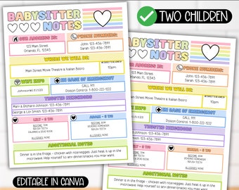 Babysitter Note Editable Template TWO CHILDREN, Emergency Contact List, Colorful Nanny Baby Child Schedule Information Sheet Binder Planner