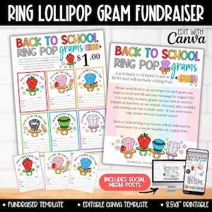 May include: A printable fundraiser template for Back to School Ring Pop grams. The design features colorful ring pop illustrations and text that reads "Back to School Ring Pop grams" and "$1.00". Includes social media posts and is 8.5x11 inches.