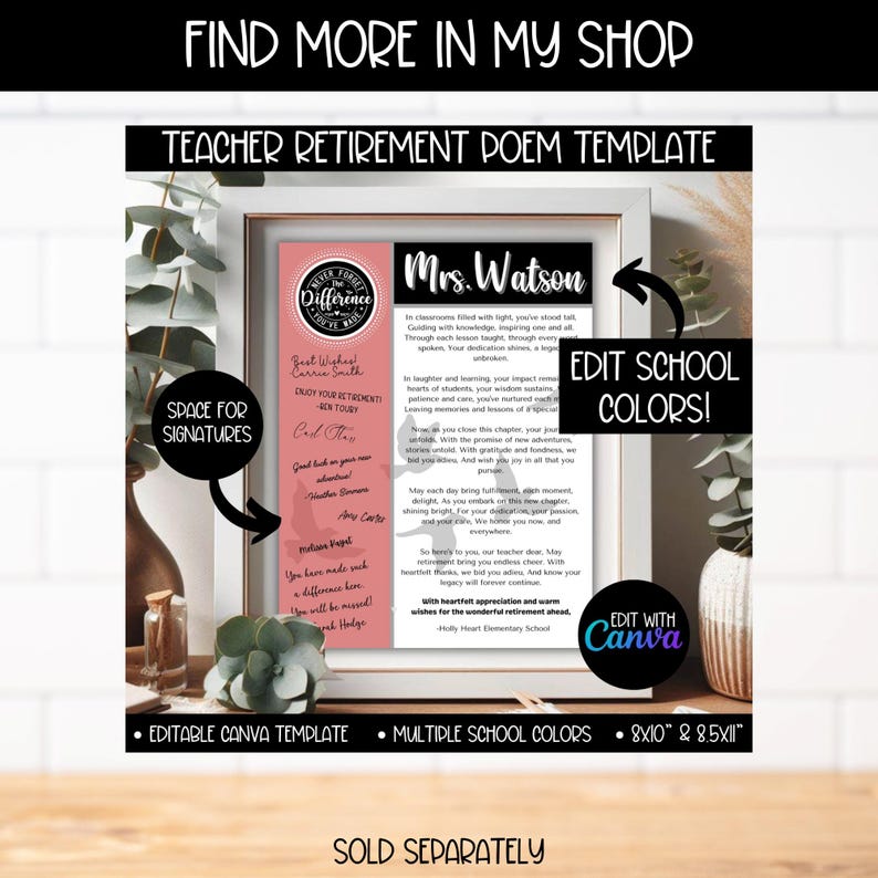 May include: Printable teacher retirement poem template with a pink background and a black and white silhouette of a witch. The template is editable in Canva and includes space for signatures. The text reads "Find More in My Shop", "Teacher Retirement Poem Template", "Mrs. Watson", "Edit School Colors", "Edit with Canva", "Editable Canva Template", "Multiple School Colors", "8x10" & 8.5x11", "Sold Separately".