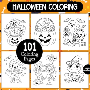 May include: A collection of 101 Halloween colouring pages featuring black and white line art illustrations of a pumpkin flower pot, a jack-o'-lantern candy bucket, a ghost with a pumpkin, a mummy, two children in costumes, and a frog in a witch hat.