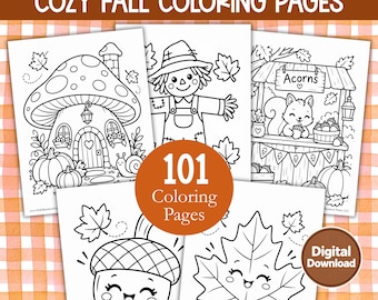 Fall Coloring Pages for Kids, Preschool Coloring Book Activity, Autumn Pumpkin Color Printables, Digital Adult Cozy Easy to Color Pages PDF