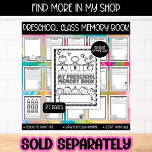 Puede incluir: Un libro de recuerdos preescolar imprimible con un dise&ntilde;o de portada en blanco y negro. La portada presenta ni&ntilde;os de dibujos animados y el texto "My Preschool Memory Book". El libro incluye p&aacute;ginas para autorretratos, colores favoritos y recuerdos escolares.